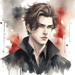 A portrait headshot of a confident looking young man with pale skin, red eyes, and brown hair in a dark modern setting with intricate details. He is wearing black and red casual clothes, an air of malevolent power surrounds him. watercolor splash art