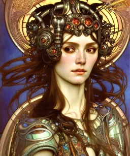 Realistic detailed face portrait of a beautiful futuristic Karen Carpenter queen in opudesignlent alien glass armor by alphonse mucha, ayami kojima, amano, greg hildebrandt, and mark brooks, female, feminine, art nouveau, ornate italian renaissance cyberpunk, iridescent venetian blown glass, neo - gothic, gothic, character concept