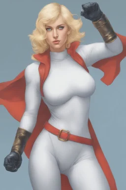 Karen Starr, full body, superhero landing pose, young athletic white female, crew cut bleach-blonde hair, blue eyes, thick black eyebrows, round face, semi-pointed chin, muscular build. Wearing white long-sleeved bodysuit with high collar with plunging neckline, blue elbow gloves, red belt with gold buckle, red cape, blue knee boots. Big smile. Background: outer space, planets, stars, galaxies, fire, explosions, volcanic lava, craggy peaks. Photorealistic