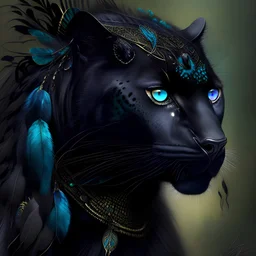 Black panther with peacock feathers