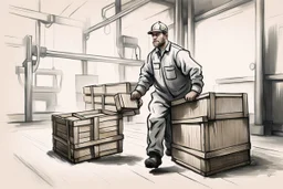 a swedish industry worker from sweden, very strong pushing a wooden crates and IBC along the floor in a factory, very basic sketch painting like the image i uploaded