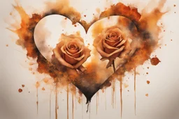 double exposure, merged layers, roses with dynamically blazing fire in ochre, ink splatter art, watercolor and ink, golden glitters, double exposure heart and love