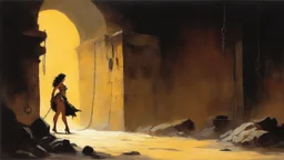 [art by Frank Frazetta] a woman chained to a wall in the basement of a palace in Babylon, wearing nothing but a skirt of leather. You do not remember how you get there, chained like a dog to this wall. You hear music approaching, and laughters, and songs.