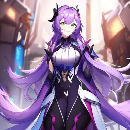 Clear focus,High resolution,High quality, Smiling, Purple long fluffy hair, Green eyes, Wearing a pink mech uniform, Honkai Impact Star Rail