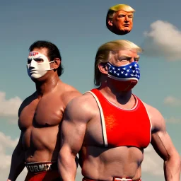 Realistic image of Donald trump wrestler, Mexican wrestling style, Mexican wrestling mask for eyes, red and blue breeches, glow us flag dress, suspenders, retro style, 80s, vibrant color, highly detailed, sky background, concept art, unreal engine 5, god rays, ray tracing, RTX, lumen lighting, ultra detail, volumetric lighting, 3d, finely drawn, high definition, high resolution.