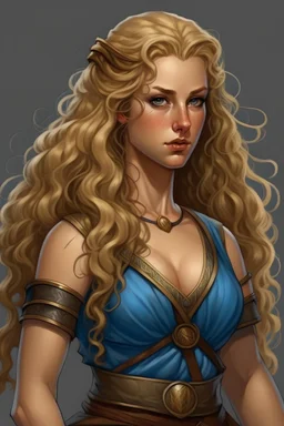 DnD style, medieval woman, blonde long curly hair, blue eyes, tanned skin, tall strong and busty, clyde caldwell style