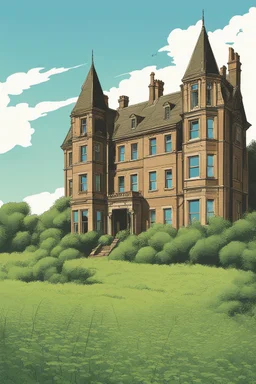 disused, Victorian manor house, blue sky, over-grown fields, vector art