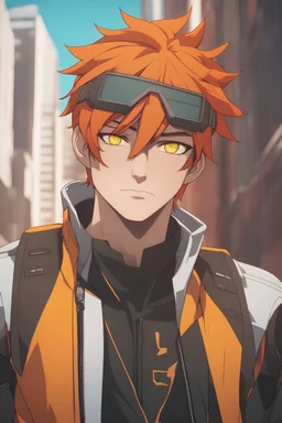 Young man with vivid orange hair, punk, vivid yellow eyes, smug, orange and brown futuristic clothes, wearing an eyepatch, urban background, RWBY animation style