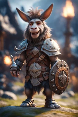 gremlin war donkey, epic hero norseman with wild hair, short ears, and big holy ornamented shield Under stjerners gnist Vi går som ett, vår tro et løfte ,bokeh like f/0.8, tilt-shift lens 8k, high detail, smooth render, down-light, unreal engine, prize winning