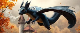 portrait of a shiny black dragon squirrel in autumn, flying above wooden castle, breathing smoke