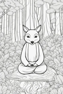 Stress Relief themed coloring page for adult, cartoon style, thick outline, No details, No shading, No colors, no background, black outline only, A cute woodland creature meditating amidst serene forest landscapes