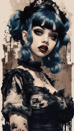 Poster in two gradually, a one side malevolent goth vampire girl face and other side the Singer Melanie Martinez face, full body, painting by Yoji Shinkawa, darkblue and sepia tones,