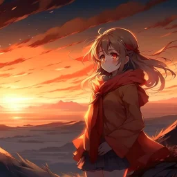 girl, anime style, sunset, plateau, wind, cold