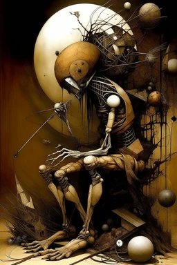 Strychnine biomechanism, abstract surrealism, by Phlegm and Dave McKean and Santiago Caruso, silkscreened mind-bending illustration; warm colors, off-centered fragmented composition, multiple stages of grief, dark shines war,