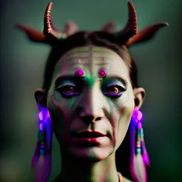 photo of female alien tribal shaman in a trance state, photography with an 85mm prime lens f 1.1