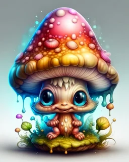 Tattoo design a one liquid cute baby mushroom happy, hyperdetailed intricately detailed, fantastical, surrealistic, splash screen, pastel colours, fantasy, concept art, 8k resolution, masterpiece inlaid with the Permanent.