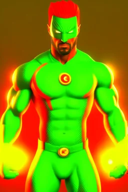 Greenlantern look a like dressed in orange. In 3D cartoons, ultra realistic