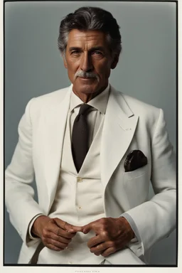 Portrait of a handsome older italian gentleman wearing crisp white linen suit, and an open necked shirt. His dark hair is peppered with grey, his neatly trimmed beard is dark and peppered with grey