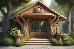 Фасад: Используйте натуральные материалы, такие как дерево и камень. На входе можно разместить резные деревянные элементы, например, сказочные персонажи, такие как Баба Яга или Леший. Зеленые насаждения: Украсьте территорию вокруг кафе деревьями и кустами, создавая ощущение леса. Можно добавить элементы, такие как скамейки из бревен, чтобы подчеркнуть природную атмосферу.