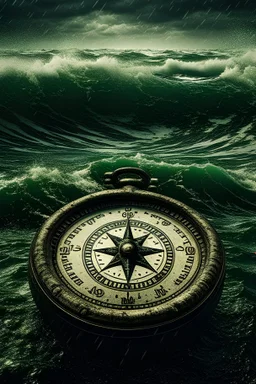 The compass is swimming and lost in a huge and real ocean and there was storm and written on it marwan moussa .add more quality