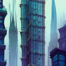 A Neo gothic Skyscraper mixed with modern glass skyscrapers+detailed facades+Book illustration by Gediminas Pranckevičius, Jean Baptiste Monge, Brian Kesinger, Anton fadeev, Kilian Eng, strong lines, high contrast vibrant colors, highly detailed, 16k resolution, trending on behance