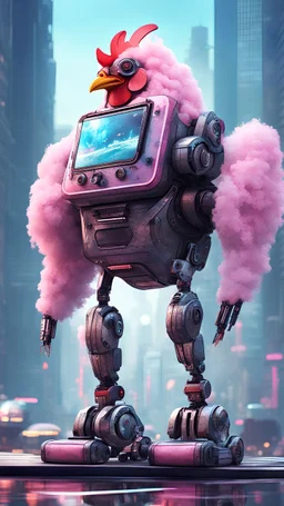 CHICKEN robot made of cotton candy, sci-fi, cyberpunk, full body, ultra realistic, virtual reality, cyberpunk city and colors