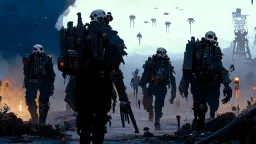 {{{Bio-engineered undead cyborg army marching}}} machine soldiers, future military, tactical wear, gas creepy landscape, techno gothic visual composition, science fiction painting, Denis Sarazhin, Alex Colville, Simon Stålenhag, Neil Blomkamp, Frank bowling, Christopher Shy, Alejandro Burdisio, RAW, gritty, high contrast, atmospheric horror art, gripping and suspenseful, vivid, neon overlay, narrative art, textured, dramatic, surreal horror, gestural, disco diffusion