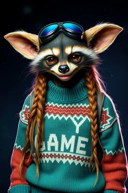racoon gremlin alien woman air captain wearing a "pooyan game" sweater