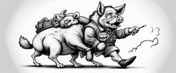 wolf carrying a scared pig general under his arms , stupid cartoon, airbrush and pen outline