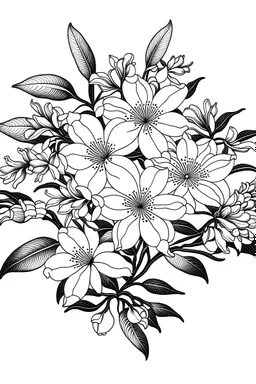 isometric Jasmine flowers, black and white coloring book drawing, only thin outlines, no grayscale, no shadows, for adult coloring book