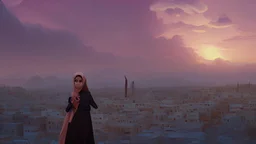 close young palestinian girl with a kuffeah. Large clouds of smoke rise from the land of gaza . With demolished buildings in the background. with sunset colors Made in the palestinian style