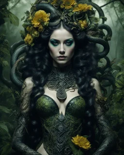 length image gothic horor photography realistic art of beauty makeup Gothic medusa surrealism,cobra snakes wrapped around body grotesque, mysticism, flowers jungle, fabulous living outlandish dragonfly floral spiral twisted ornate world in baroque style half body medusa girl dark creepy forest dryad