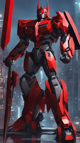 A close picture to Mix between transformers and batman in solo leveling shadow art style with red details detailsis in fantasy world