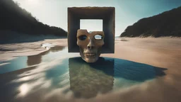 Mind bending surreal and abstract image by Toyen (Marie Čermínová). A reality distortion field. Floating reflective cubes by a beach. A wide angle front facing head to toe image of an ethereal whole body in the style of an artist of skin bones stone face, dystopian ocean costal environment, strange things can be seen through a hole in the side of the head, body cracks and peeling a brain from another time, a portal to the distant future. Deep contrasting colors.