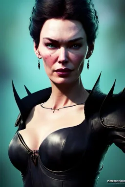 Lena Headay as evil queen in black leather, busty, cleavage, voluptuous, Aqua Lene, angry, stern look. character design by cory loftis, fenghua zhong, ryohei hase, ismail inceoglu and ruan jia. unreal engine 5, artistic lighting, highly detailed, photorealistic, fantasy