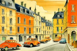 A salmon orange colored city with racecars painted by Maurice Utrillo