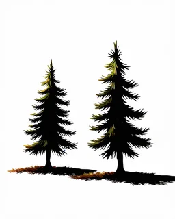2 isolated spruce/pine trees with ground shadow, stylized graphic with watercolor