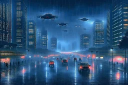 A city that's at night and it's raining and it's foggy and it's flying cars and it's in the future.
