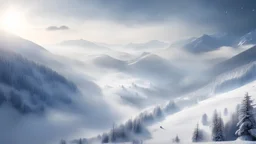 a distant shot of white owls flying above the snow,mist,clouds,nature,bokeh, valley,utra realistic, snow, masterpiece, sharp focus,volumetric lighting,