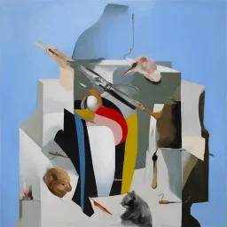 Abstract painting formed by a mix of a cat and human flesh-like surgical instruments and universe-like a pigeon and neuralink, surrealism,minimalism,Painting By Adrian Ghenie, Rene Magritte, Salvador Dali, Lucian Freud