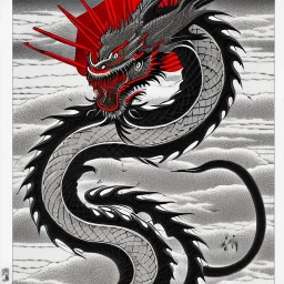 Ukiyo-e styled art, black and white picture with a red dragon