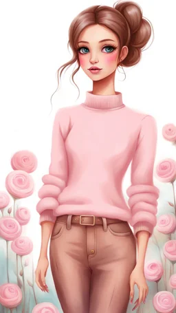 Painting a haughty beautiful standing woman, light pink sweater, brown long pants, brown shoes,bouquet of flowers in hand, digital painting, fantasy art, pretty face, inspired by Jeremiah Ketner, illustration, anime portrait, barbie face, big eyes, bright eyes,kijkt achterom