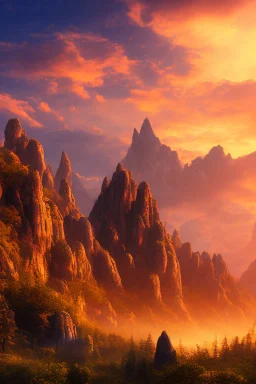 big rock mountains with and orange dawn sky with no clouds close montains