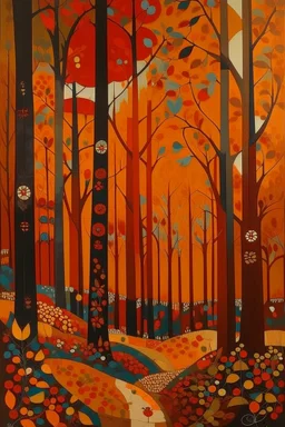 A dark orange autumn season woodland with falling leaves designed in German folk art painted by Wassily Kandinsky