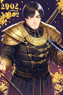 A handsome 30 year old knight, black hair, male bob haircut, in black-and-gold plate armor, golden katana in both hands, no beard, european