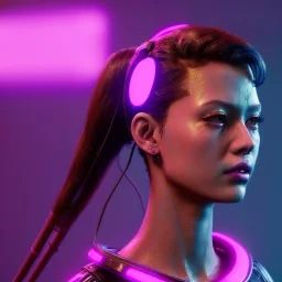 Pretty cyber woman, short hair, sci-fi, rounded face, pink, gold, brown, samurai style, retro, simetric, neon style, a lot of led lights, fog, rain, leather, vibrant color, highly detailed, art stations, concept art, smooth, unreal engine 5, god rays, ray tracing, RTX, lumen lighting, ultra detail, volumetric lighting, 3d, finely drawn, high definition, high resolution.