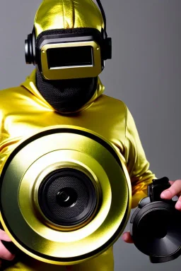 Metallic Cyber-punk style camera-mask and headphones. Large fencing mask covers cheeks. Trim man. Reflective plastic body surface, golden skin, full-coverage. Head full of integrated old-fashioned cameras and old telephones. Golden to cyan surfaces body. Perfect body, thick thighs and calves. Selfie, Selfies, mirror. Camera lenses cover the body. Mathematical equations, Euclidean 3D-tiling, Escher tiling. Soviet propaganda in 1990's. Cables in head. Daft Punk. Matrix. Hoodie, beanie.