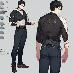 Character sheet, male, black hair, poor, cloth and leather clothes, pants