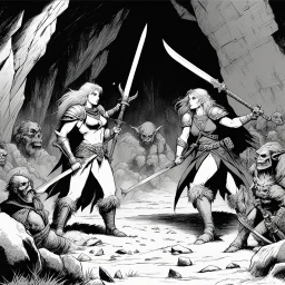 [comic book art by Le Tendre et Loisel (la quete de l oiseau du temps, 1987)] two human woman warriors after a battle in a cave surrounded by dead bodies of orcs and goblins, one has a sword, the other has a battle axe