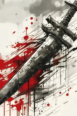 Stylized katana graphic with blood dripping from the blade. create in inkwash and watercolor, in the comic book art style of Mike Mignola, Bill Sienkiewicz and Jean Giraud Moebius, highly detailed, gritty textures,